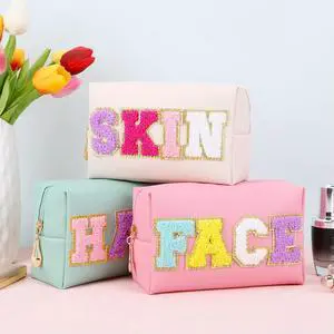 3PCS Face Hair Skin Bag with Patches Chenille Letter Cosmetic Pouch Zipper Closure PU Leather for Women for Travel Accessories