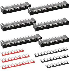 Pack of 6 double row terminal blocks 25 amps with 8 10 12 positions for neat wiring and protection from accidental contact