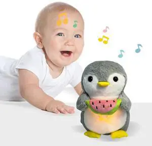 Cute Penguin Stuffed Animal Baby Sound Machine with Music Lights Rhythmic Breathing Motion Comfort Doll Xmas Gifts for borns