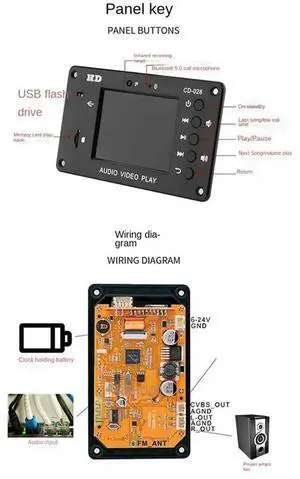 2X Portable HD Car Lossless Full Format Mp5 Bluetooth 5.0 Calendar Clock Alarm Clock 2.8-Inch TFT Screen FM Audio Module