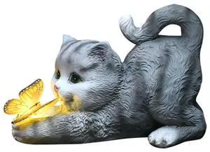 Cat Solar Garden Statue Waterproof Sculpture Lawn Art Decoration Cute Cat and Butterfly Figurine for Mom Grandma for Yard Patio
