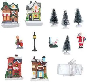 12 Pcs Mini Resin Christmas Village Figurines Decoration Set Lighted LED Christmas Winter Village Houses Xmas Winter Decorations