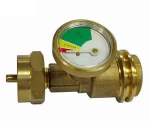 European propane adapter with pressure gauge made from brass for secure connection to gas appliances with easy hand tightening