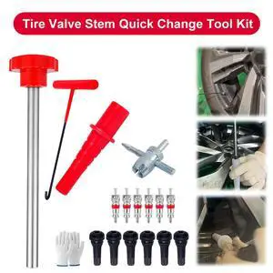 Tire Valve Core Quick Replacement Tool Kit with 6 TR413 Valve 4-Way Valve Tool for Replacing Leaky Valves in Cars ATVs Trucks