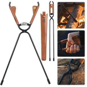 Thickened Fire Tongs with Leather Cover Barbecue Burning Clips Carbon Steel Long Handle Fire Poker Outdoor BBQ Tools