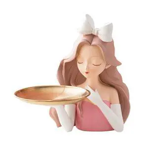 Cute Girl Sculpture Entrance Crafts Resin Key Holder Figurine Candy Sundries Household Supplies for Home Living Room