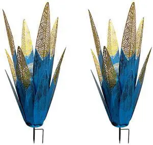 2Pcs Hand Painted l Agave Garden Ornaments Multi-Color LED Solar Light Blue Aloe Lawn Stakes Country Tequila Garden Ornament