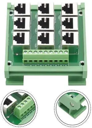 Ethernet Terminal Block Adapter for RJ45 8p8c Connector with 9 Ports and Screw Terminal Wiring for DIN Rail Use