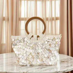 Shell Beaded Clutch Purse Wooden Handle Evening Handbag Handmade Evening Bag Luxury Designer for Women Summer Vacation