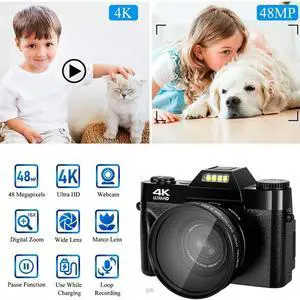 Digital Camera 4K HD Camcorder Webcam Wide Angle Lens 16X Digital Zoom 48MP 3 Inch Flip Screen Recorder