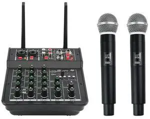 4-Channel DJ Mixer Console With Wireless Dual Mic Bluetooth 2-Way Audio Control For Home KTV Stage Studio