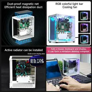 For Pi 5 Case, Micro-Type Desktop Case With Active Cooler, PWM Fan, RGB Lighting Bar, Mini Tower PC Case