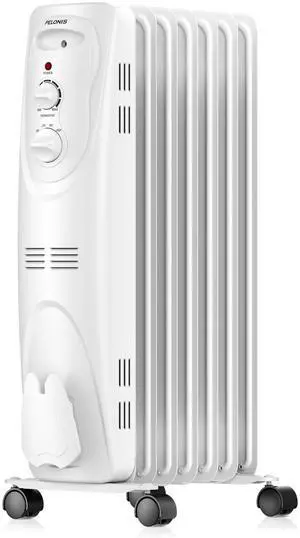 PHO15A2AGW, Basic Electric Oil Filled Radiator, 1500W Portable Full Room Radiant Space Heater with Adjustable Thermostat, White, 26.10 x 14.20 x 11.00 in