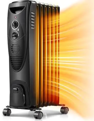 Portable Electric Radiator Heater, Oil Filled with 3 Heat Settings, Adjustable Thermostat, Overheat & Tip-Over Protection For Indoor Use, 1500W (Black)