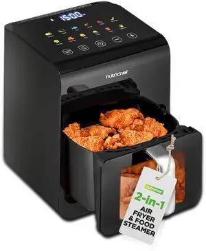 6 Liter Electric Air Fryer & Food Steamer Function | 12-1 Preset Cooking Functions, Fries, Chicken, & More | Transparent Window & Food Steaming option for Best Cooking Results | Black