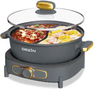 Hot Pot Electric with Divider, 6L Double-Flavor Shabu Shabu Pot, Dual Sided Removable Non-Stick Hotpot Pot Electric, 3" Depth Chinese Hot Pot with Multi-Power Control, 2 Silicone Ladles Included