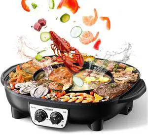 Hot Pot Electric with Grill 2 in 1, Indoor Korean BBQ & Shabu Shabu, Features Easy-clean Non-stick Coating, Dual Controls, 1800W Fast Heating, Perfect for Family Gatherings or Friends Parties