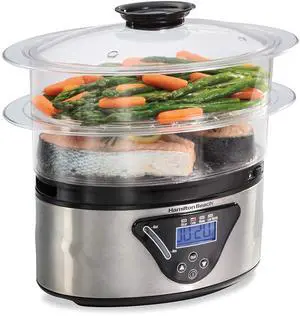 Digital Electric Food Steamer & Rice Cooker for Quick, Healthy Cooking for Vegetables and Seafood, Stackable Two-Tier Bowls, 5.5 Quart, Black & Stainless Steel