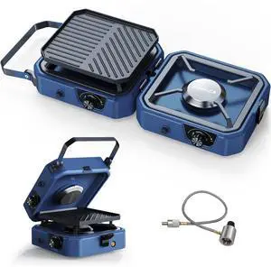 Upgraded  2 Burner Propane Camping Stove with Grill, Foldable Camp Stove with 16,000 BTU, Two Adjustable Burners with Piezo Ignition & Easy Carrying Handle, Portable Stove for Camping, BBQ