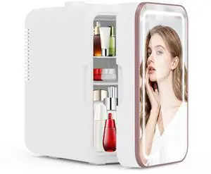 Mini Fridge for Bedroom, 6L/10 Can Skincare Fridge with Dimmable LED Light Mirror for Dorm & Office, Portable Cooler & Warmer Small Compact Refrigerator for Skincare, Makeup and Cosmetics, White