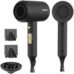 Lightweight Ionic Hair Dryer with Diffuser - Powerful 1800W Blow Dryer for Fast Drying - Professional Low Noise Mini Hair Dryer for Travel, Gifts, Hair Styling (Black)