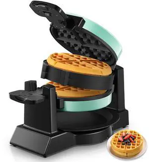 Waffle Maker, 1400W Double Belgian Waffle Iron 180° Flip, 8 Slices in 3 Mins, Rotating & Nonstick Plates, Anti-Scald, Removable Drip Tray Easy to Clean, Cool Touch Handle, Space-Saving (Mint Blue)