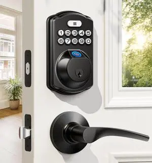 Fingerprint Door Lock with 2 Lever Handles - Keyless Entry Door Lock, Electronic Keypad Deadbolt, Digital Smart Code & Front Handle Sets, Auto-Locking, Easy Installation, Matte Black