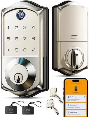 VE017 Fingerprint Smart Door Lock, App Control, 7-in-1 Keyless Entry, Auto Lock, Emergency Power Port, Electronic Touchscreen Keypad, Biometric Smart Locks for Front Door, Satin Nickel
