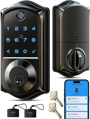 VE017 Fingerprint Smart Door Lock, App Control, 7-in-1 Keyless Entry, Auto Lock, Emergency Power Port, Electronic Touchscreen Keypad, Biometric Smart Locks for Front Door, Matte Black