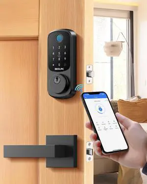B200 Fingerprint Smart Lock with 2 Lever Handles, Keyless Entry Front Door Lock Set, Electronic Keypad Deadbolt, App Control, Auto Lock, Long Battery Life, Secure Home Access