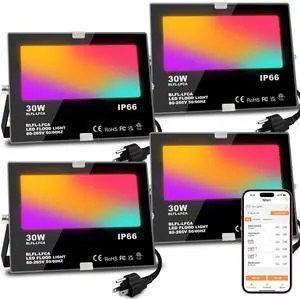 LED Flood Light Outdoor 30W, 300W Equivalent 3000LM Smart RGB Landscape Lighting with APP Control, DIY Scenes -Timing - Warm White 2700K -Color Changing Uplight, IP66, US Plug, No Remote (4 Pack)