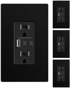 USB Outlet, 3 USB Ports Receptacles(30W 6Amp), 2 Type C & 1 USB A Port, 15 Amp TR Tamper-Resistant Wall Outlets, Screwless Wall Plate Included, Charger Outlets, ETL Listed, Black 4 Pack