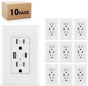 USB Outlet with C + A Wall Dual High Speed Receptacle Smart 4.8A Fast Charging Capability,15Amp 125Volt, Tamper Resistant Wall Plate Included (10Pack, White, 15 Amp Outlet)