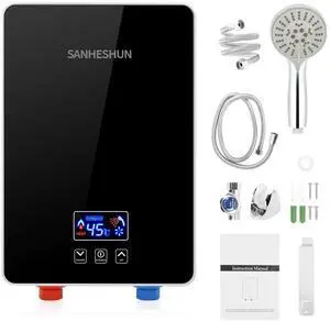 Electric Tankless Water Heater, 6000W 220V Instant Hot Water Heater with Handheld Shower Head and Hose Set, LED Touch Screen Switch Adjustable Temperature for Bathroom Kitchen - Black