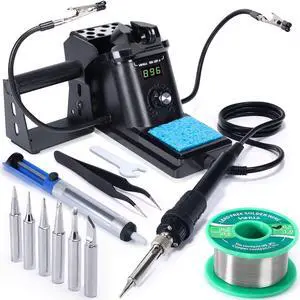 926 III 60W Digital Display Soldering Iron Station Kit w 2 Helping Hands, 6 Extra Iron Tips, Lead-Free Solder, Solder Sucker, S/S Tweezers, °C/ºF Conversion, Auto Sleep & Calibration Support