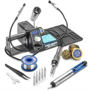 The Original  3020-XTS  75W Soldering Iron Station Kit  2 Helping Hands  5 Extra Tips  Roll of Solder  Brass Sponge & Flux  Tweezers  Solder Sucker  °C/°F Toggle & Sleep Features!