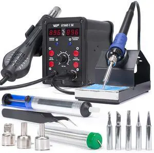 8786D-I SE Hot Air Soldering Iron Station Kit 2-IN-1 for Rework, Desoldering with Lead-Free Solder Wire, 5 Soldering Tips, 3 Hot Air Nozzles,Tweezers, Desoldering Pump