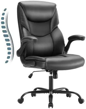 Ergonomic Computer Gaming Office Chair, Heavy Duty Task Desk Swivel Rolling Chairs with Wheels, Flip-up Arms, Adjustable Height, PU Leather, Black