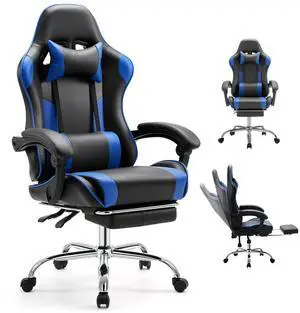 Ergonomic Gaming Office Desk Chair with Linkage Armrests for Adults, Height Adjustable Computer Chair with Footrest and Headrest, PU Leather 360° Swivel Recliner with Lumbar Support, Deep Blue Ergonomic Gaming Office Desk Chair with Linkage Armrests for Adults, Height Adjustable Computer Chair with Footrest and Headrest, PU Leather 360° Swivel Recliner with Lumbar Support, Deep Blue