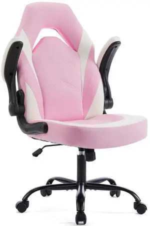 Computer Gaming Desk Chair - Pink Ergonomic Office Executive Adjustable Swivel Task PU Leather Racing Chair with Flip-up Armrest for Adults, Kids, Men, Girls, Gamer, White Pink Computer Gaming Desk Chair - Pink Ergonomic Office Executive Adjustable Swivel Task PU Leather Racing Chair with Flip-up Armrest for Adults, Kids, Men, Girls, Gamer, White Pink