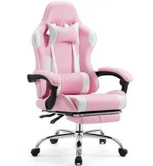 Video Game Desk Chair - Ergonomic Computer with Footrest and Comfy Lumbar Support, PU Leather Recliner with Headrest, Fixed Up Armrest, Height Adjustable with 360° Swivel, for Adults, Pink