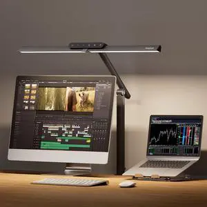 LED Desk Lamp with Clamp - HJ1 Sunturalux Eye-Caring Clip on Lights for Home Office, 1200LM Clamp Lamp 4 Color Modes Stepless Dimming Task Desk Light for Working Black