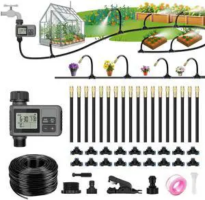 60FT Drip Irrigation System with Water Timer  Automatic Garden Watering Kit with 360° Bendable Hose & Adjustable Nozzles, Smart Irrigation System for Greenhouse, Lawn, Yard & Plants