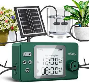 Solar Powered Dual Pump Drip Irrigation Kit for Outdoor Indoor Plants, 2-Zone Smart Self-Watering System with USB Charging, Automatic Plant Waterer for Garden Patio Balcony Vacation