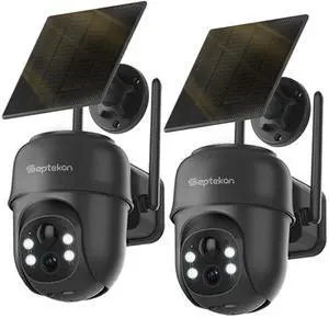 2K Solar Security Cameras Wireless Outdoor 2 Pack, 360°PTZ Battery Powered Outdoor Camera, 2.4G WiFi Camera with Spotlight Color Night Vision, Motion Sensor Alarm, IP66, Black