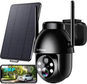 Solar Security Cameras Wireless Outdoor, 2K PTZ WiFi 3MP Indoor Security Camera for Home with Spotlight, PIR Motion Detection,Siren, Color Night Vision, 2-Way Talk, SD/Cloud Storage