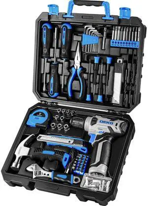Drill Set: Tool Set with 8V Blue Cordless Drill, Home Tool Kit with Drill, Hand Tool Kits for Men & Women 126 Piece