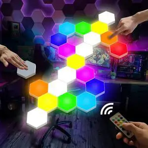Hexagon Lights, Smart LED Wall Lights with Remote, 13 Colors Touch-Sensitive DIY Modular Assembled RGB Wall Panels, Hex Light with USB-Power for Autism, Game Room Decor, Party (10 Pack) Hexagon Lights, Smart LED Wall Lights with Remote, 13 Colors Touch-Sensitive DIY Modular Assembled RGB Wall Panels, Hex Light with USB-Power for Autism, Game Room Decor, Party (10 Pack)