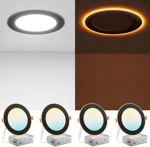 4 Pack Black 6 Inch 5CCT LED Recessed Ceiling Light with Night Light, 2700K-5000K Selectable Ultra-Thin Recessed Lighting, 12W=110W, 1100LM, Dimmable Canless Wafer Downlight ETL&FCC