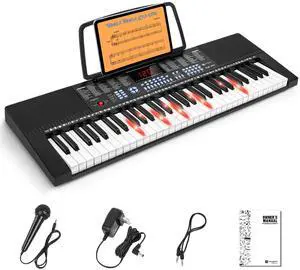 61-Key Light-Up Keyboard Piano for Beginners, 350 Tones & Timbres, 3 Teaching Modes, With Microphone, Black 61-Key Light-Up Keyboard Piano for Beginners, 350 Tones & Timbres, 3 Teaching Modes, With Microphone, Black